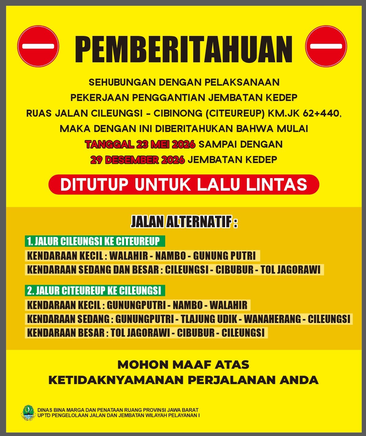 Penggantian Jembatan Kedep, Sementara Lalu-Lintas  Kendaraan Bisa Menggunakan Jalur Alternatif